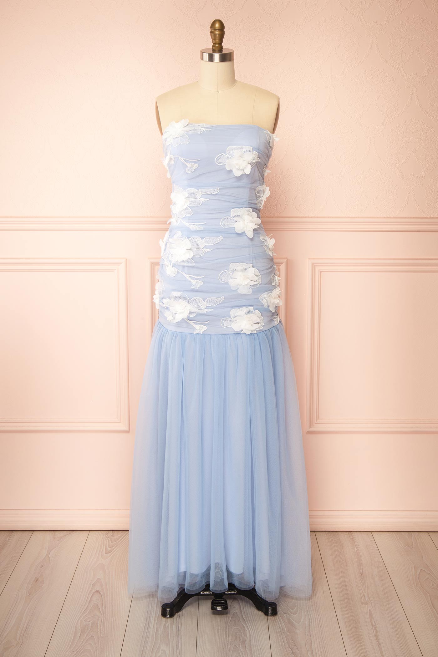 Lyrielle Blue Strapless Maxi Dress with Floral Appliques | Boutique 1861 front