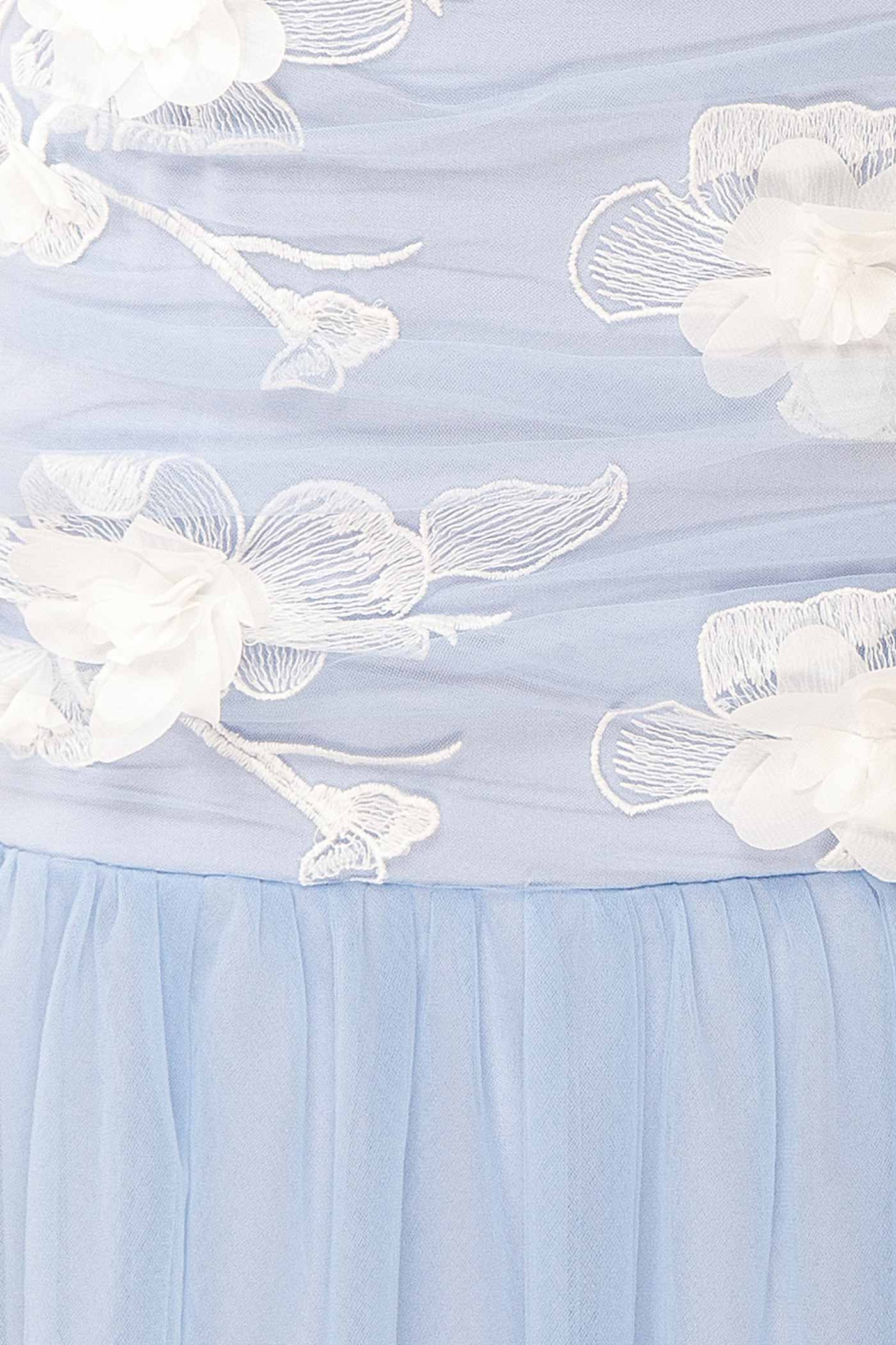 Lyrielle Blue Strapless Maxi Dress with Floral Appliques | Boutique 1861 fabric