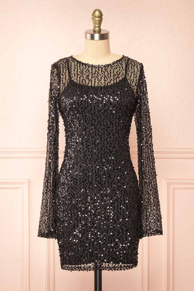 Lyrissa Black Short Mesh Sequin Dress | Boutique 1861 front view