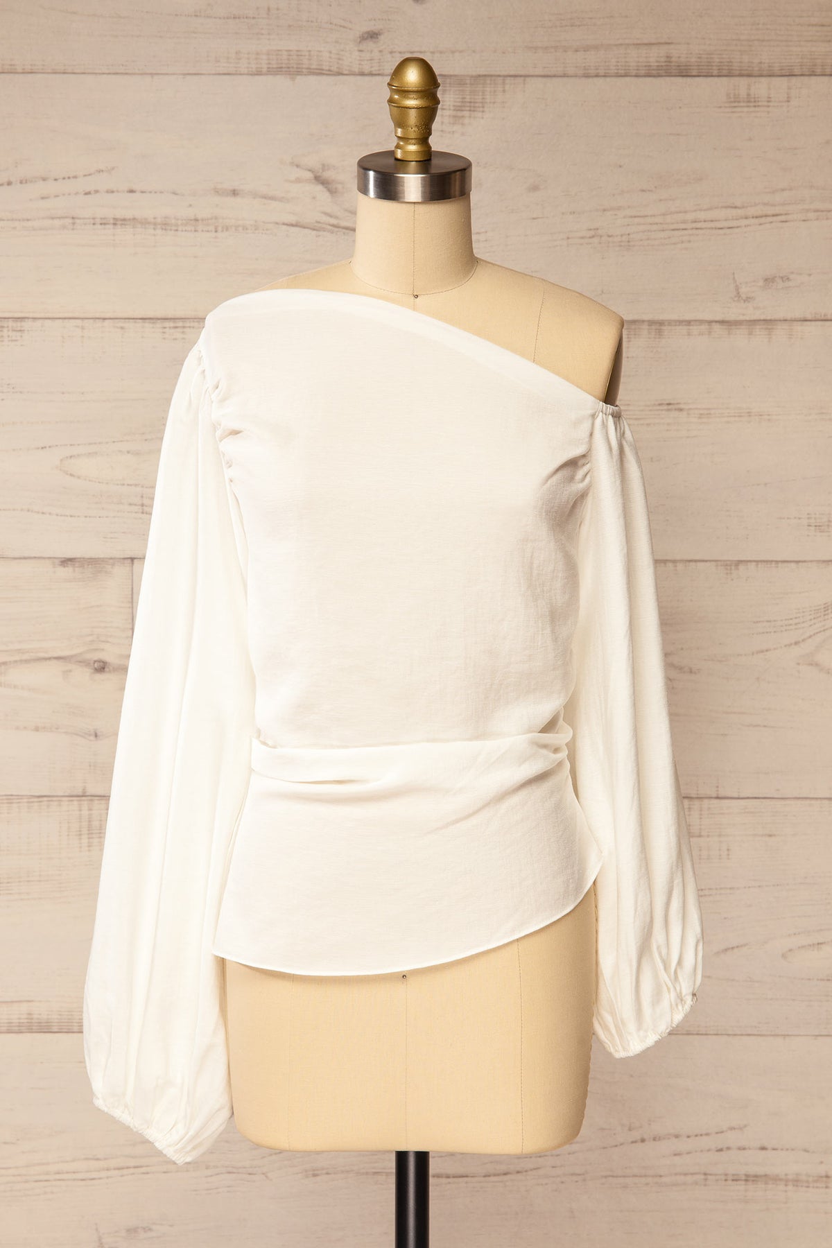 front view of Macapa White Cowl Neck Long Sleeve Ruched Blouse at La petite garçonne