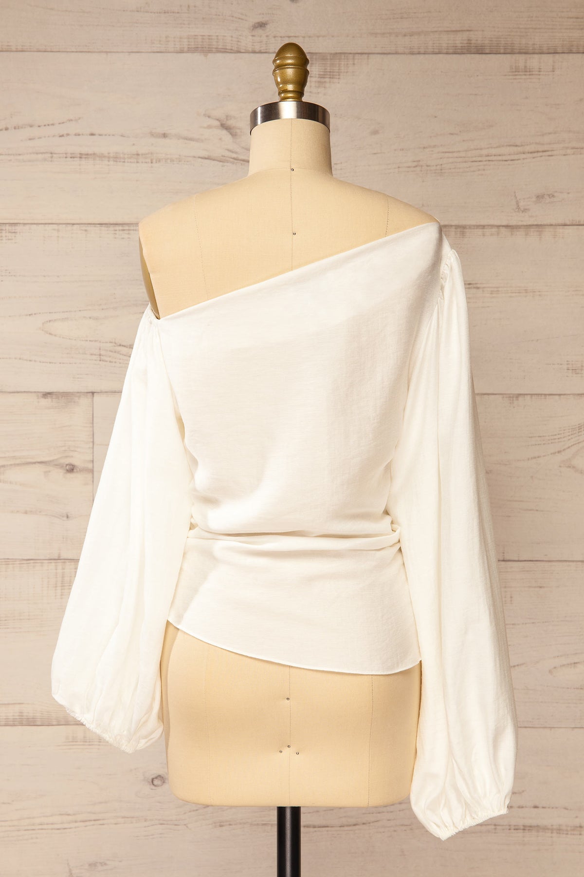 back front view of Macapa White Cowl Neck Long Sleeve Ruched Blouse at La petite garçonne