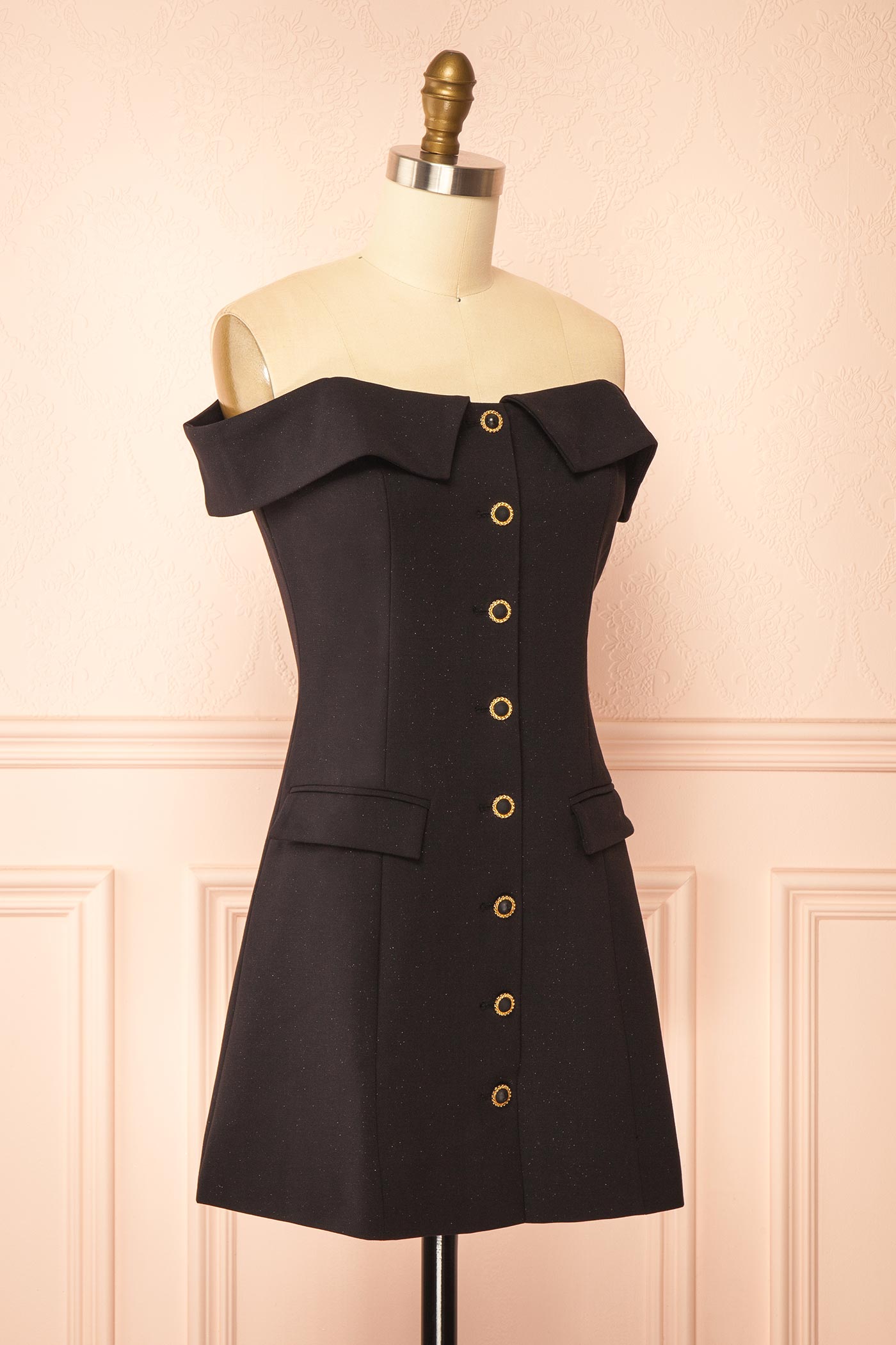 Madalyn Off Shoulder Glitter Black Mini Dress with Buttons and Pockets | Boutique 1861 side