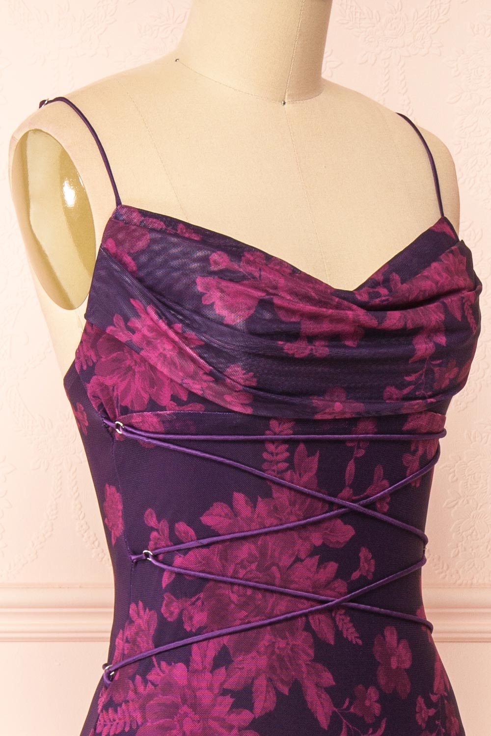 Madelief Floral Maxi Dress w/ Lace-Up Details | Boutique 1861 side close-up