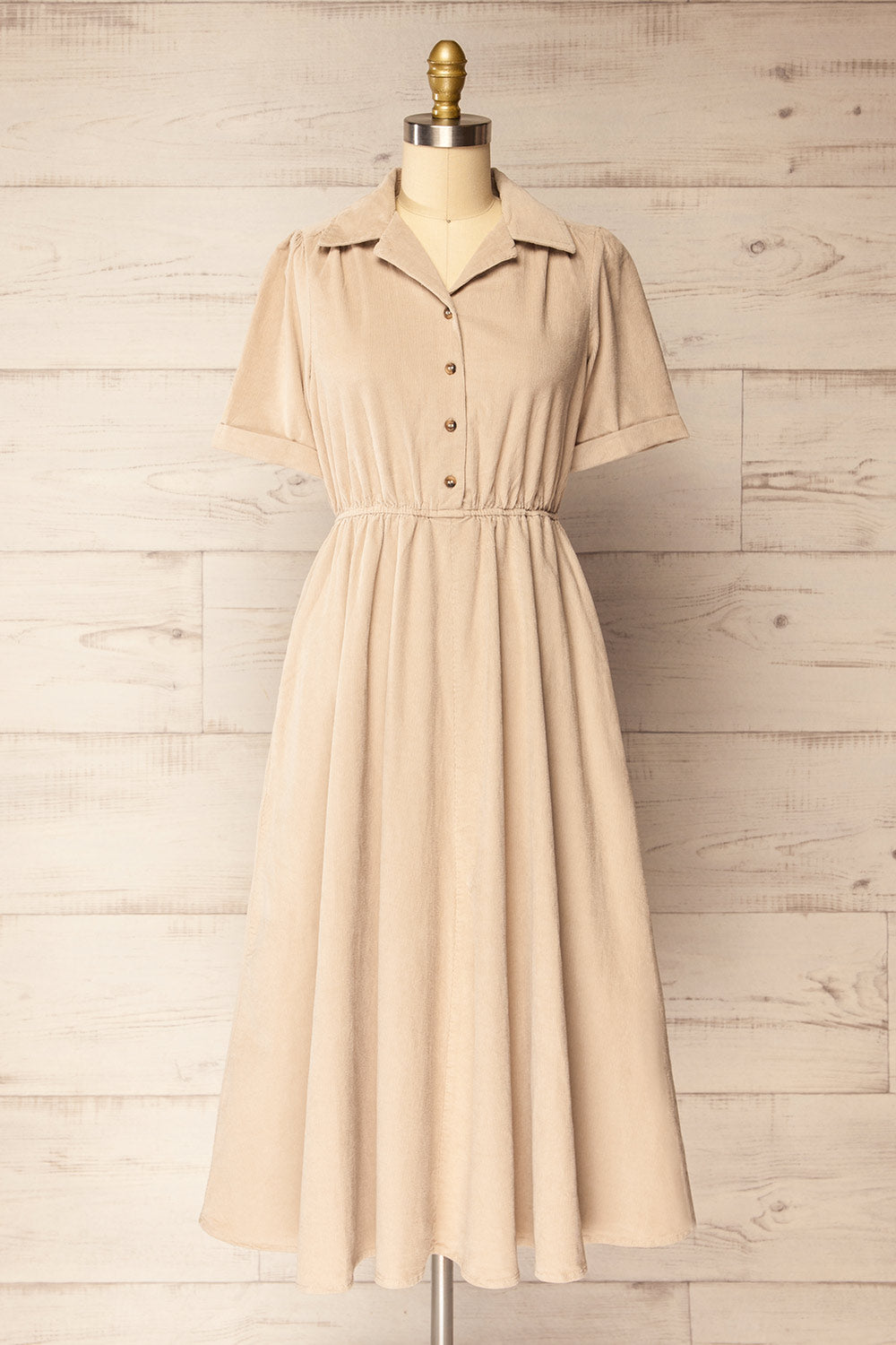 Madera Beige Corduroy Midi Dress | La petite garçonne front