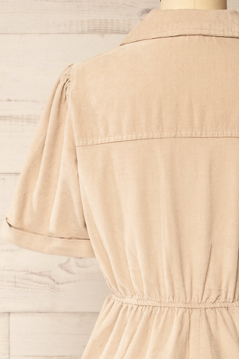 Madera Beige Corduroy Midi Dress | La petite garçonne back close-up