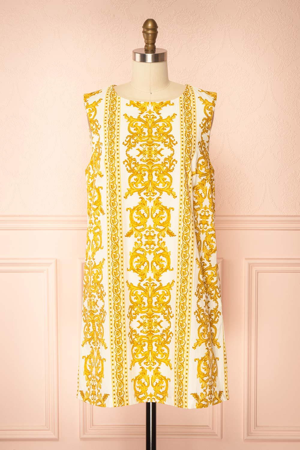 Madge Short Straight Dress with Baroque Print | Boutique 1861 front view