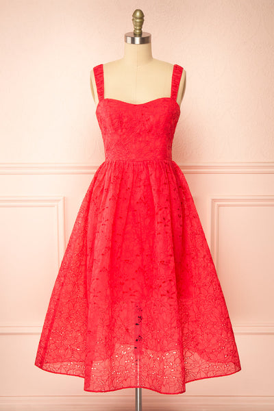 Maeva Red Midi Dress w/ Floral Embroidery | Boutique 1861 front view