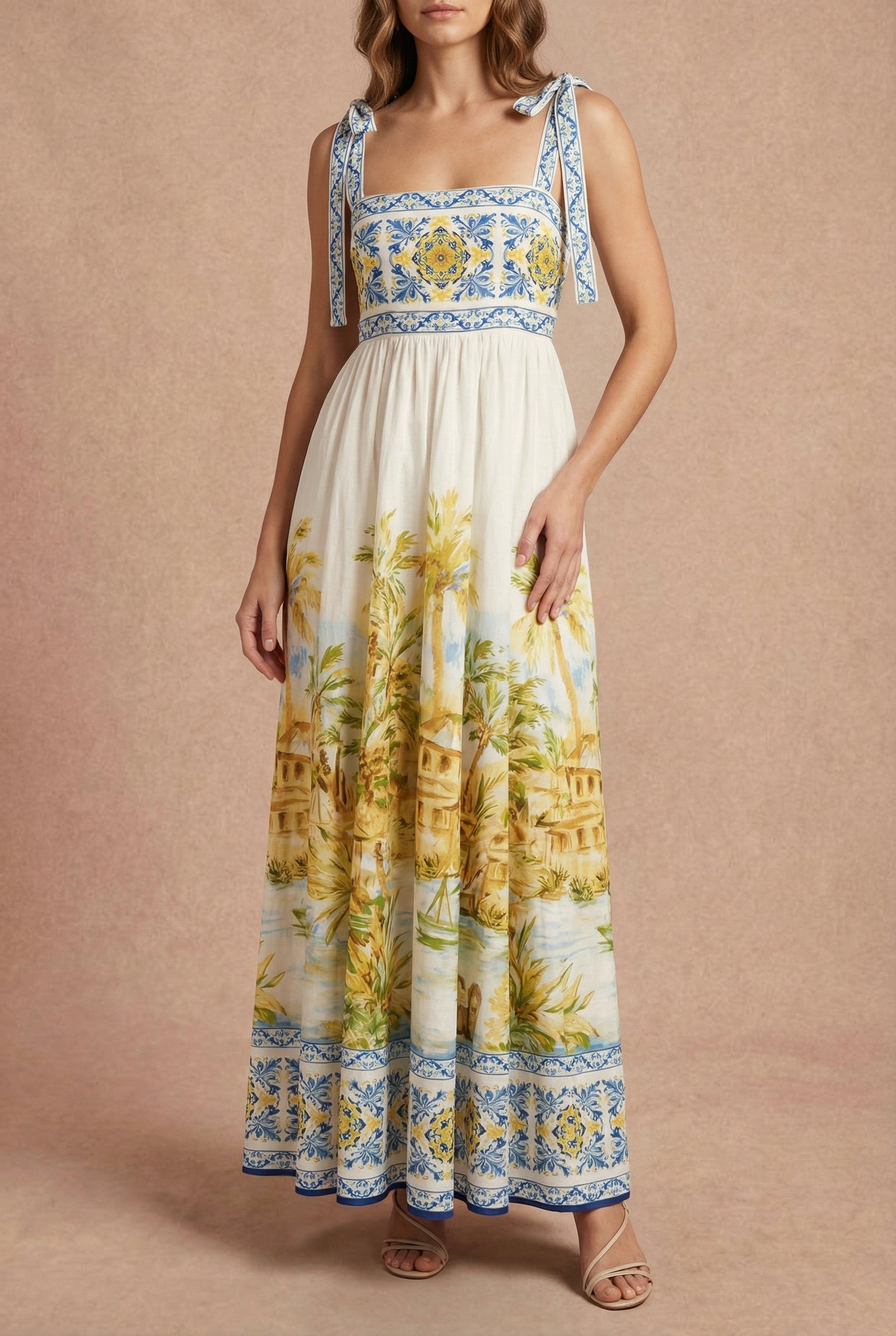 woman wearing Majida Scenic Print A-Line Midi Dress from Boutique 1861