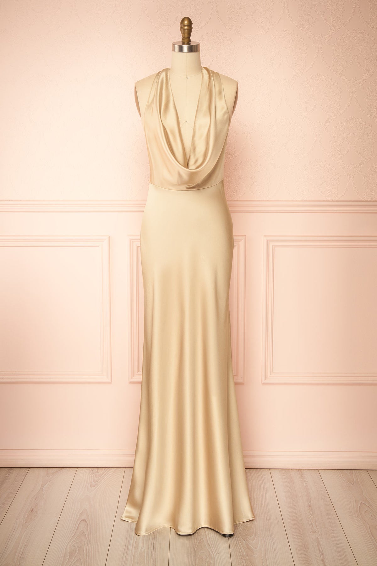 front view of Maka Champagne Satin Maxi Dress with Open Back at Boutique 1861
