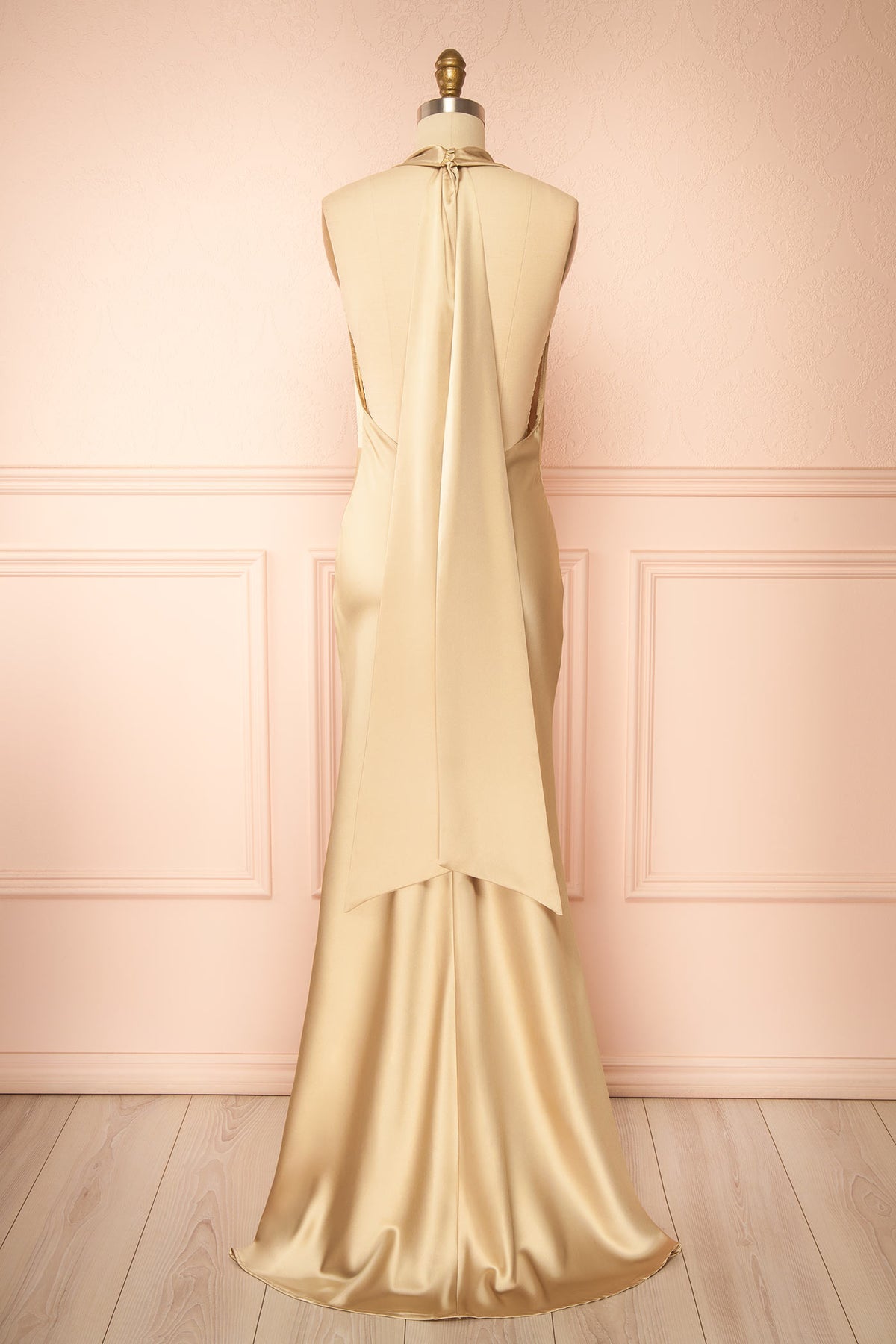 back view of Maka Champagne Satin Maxi Dress with Open Back at Boutique 1861