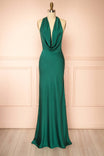Front view of Maka Green Satin Maxi Dress with Open Back at Boutique 1861