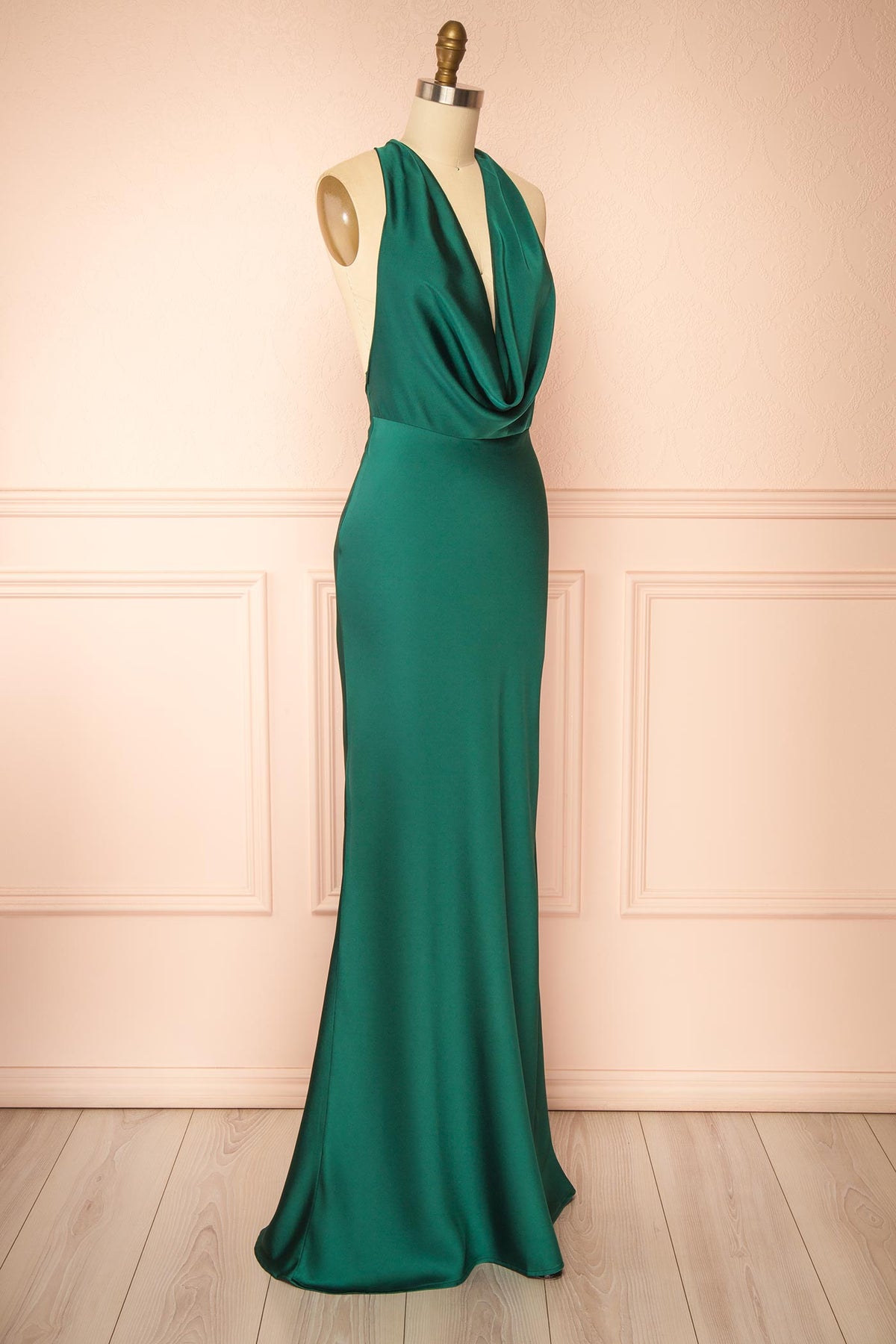 SIde view of Maka Green Satin Maxi Dress with Open Back at Boutique 1861