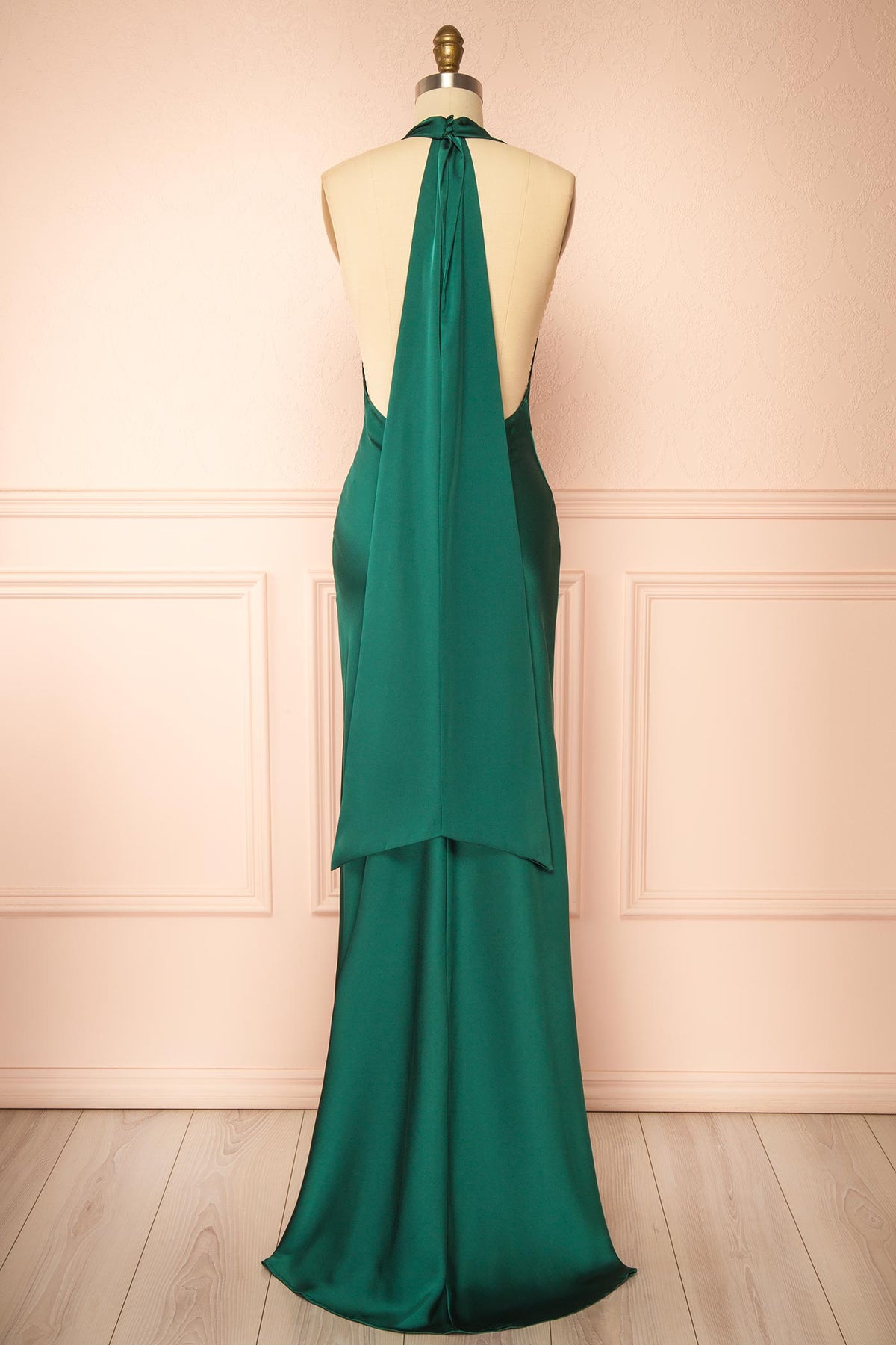 Back view of Maka Green Satin Maxi Dress with Open Back at Boutique 1861