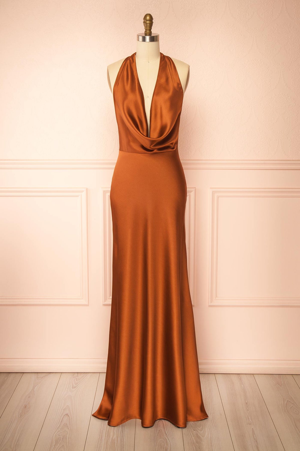 front view of Maka Rust Satin Maxi Dress with Open Back at Boutique 1861