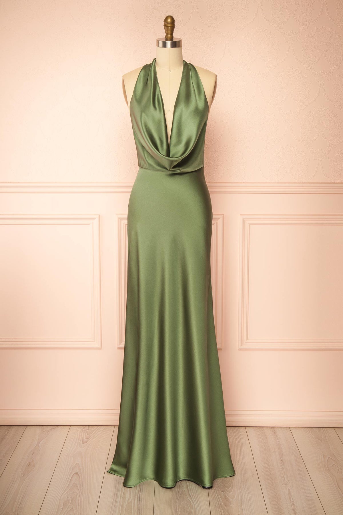 front view of Maka Sage Satin Maxi Dress with Open Back at Boutique 1861