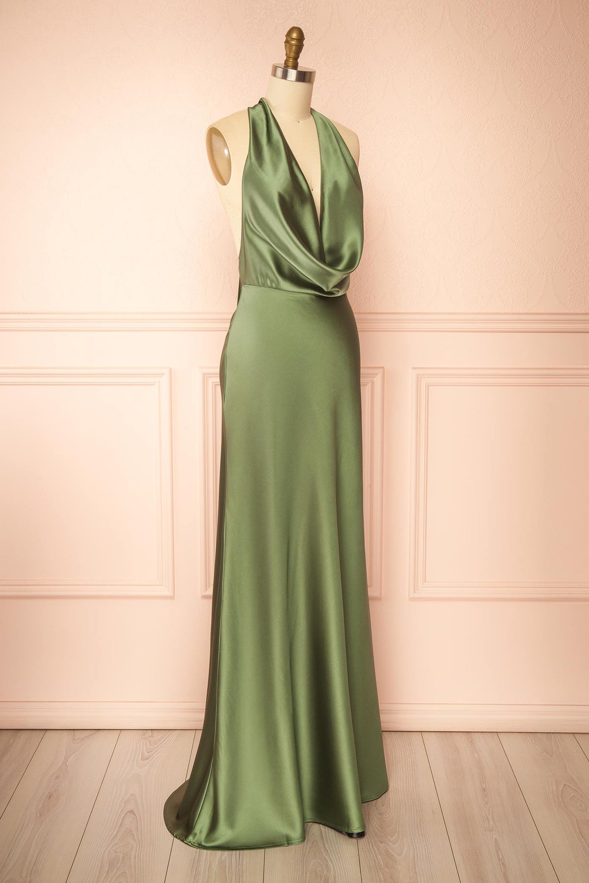 side view of Maka Sage Satin Maxi Dress with Open Back at Boutique 1861