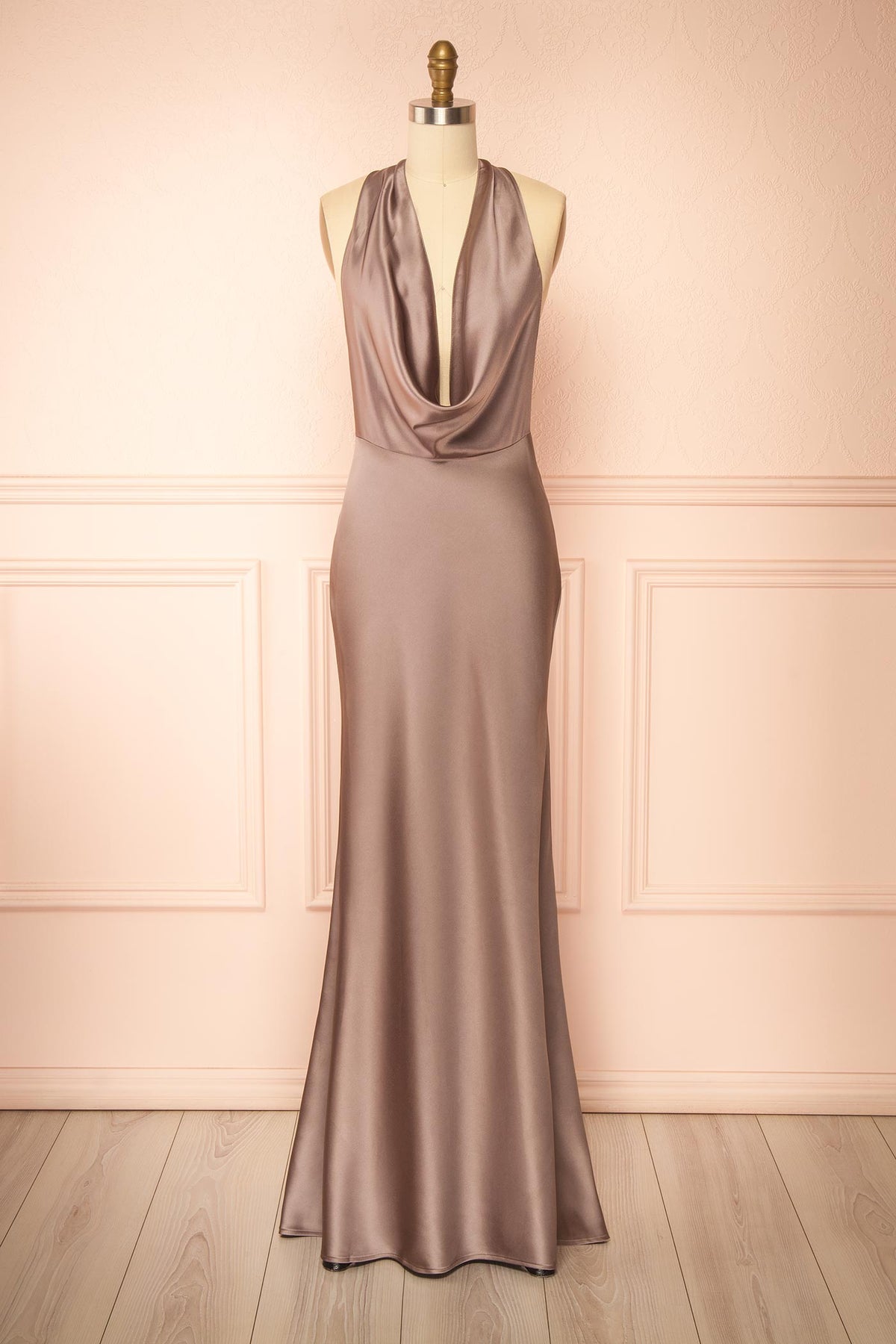 front view of Maka Taupe Satin Maxi Dress with Open Back at Boutique 1861
