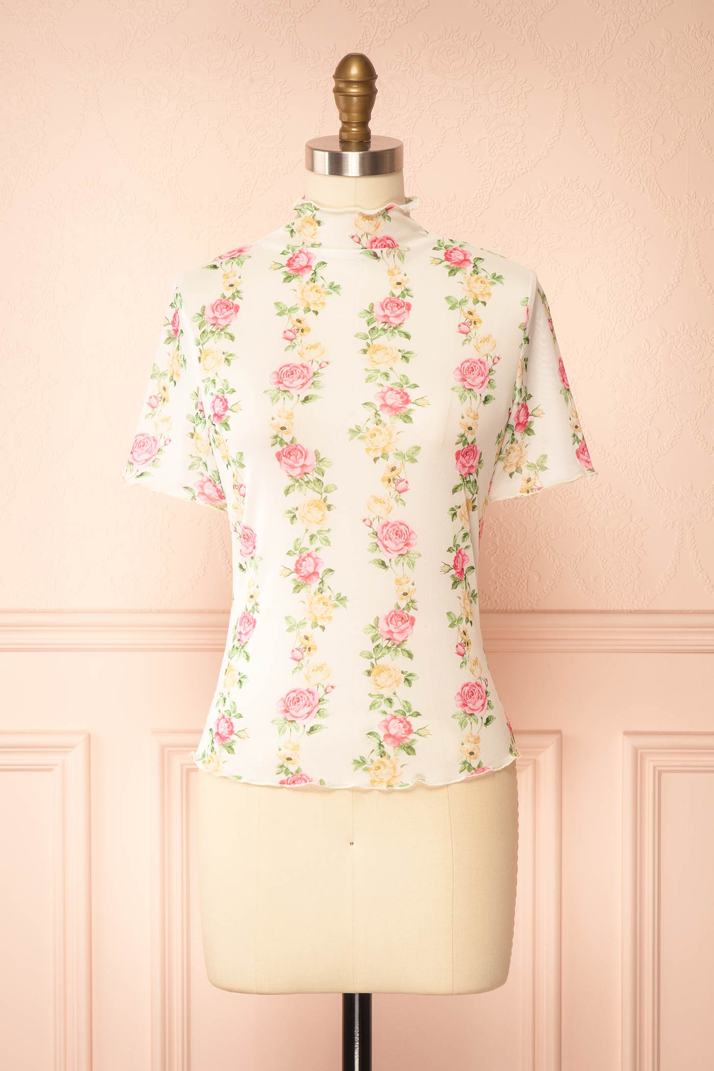 Malala | White Floral Sheer Mesh Mock Neck Top