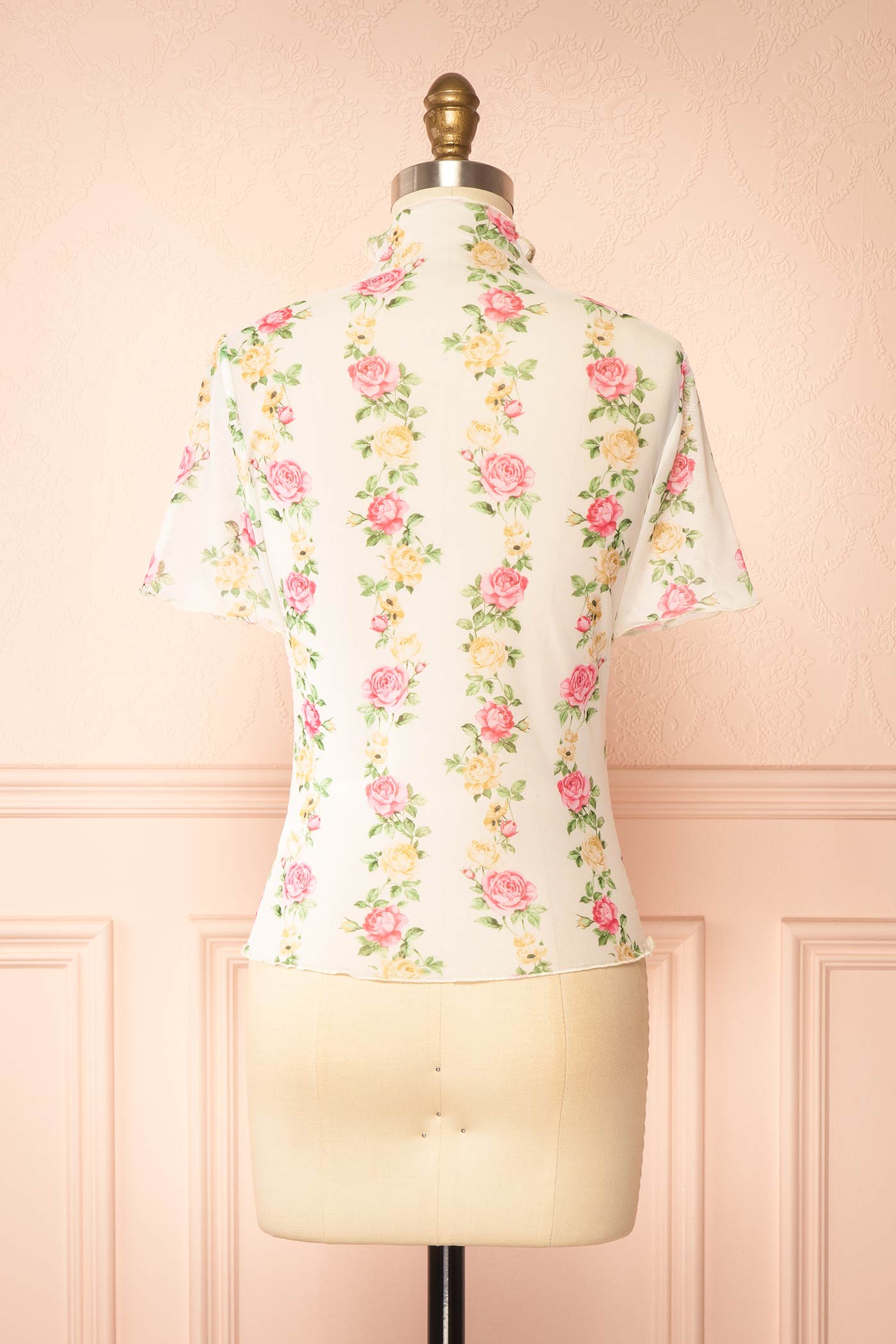 Malala | White Floral Sheer Mesh Mock Neck Top
