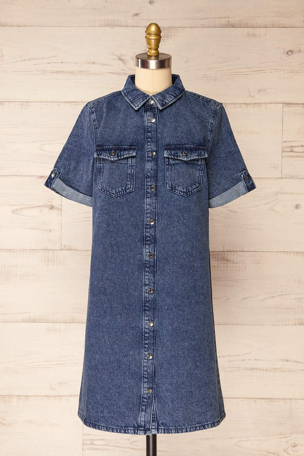 Malda Short Blue Denim Shirt Dress with Pockets | La petite garçonne front view