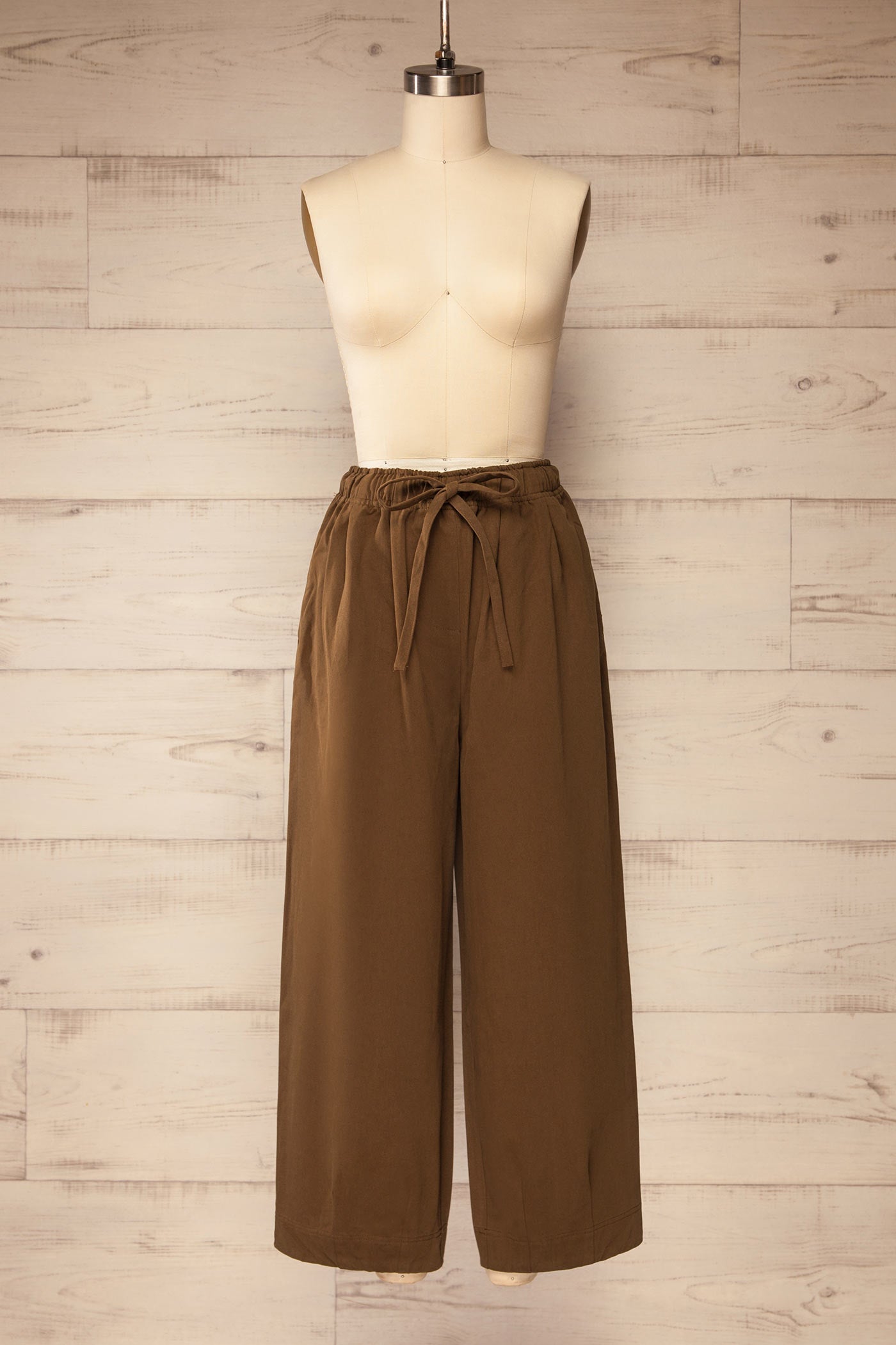 front view of Malegaon Brown High-Waisted Cropped Pants with Drawstring at La petite garçonne