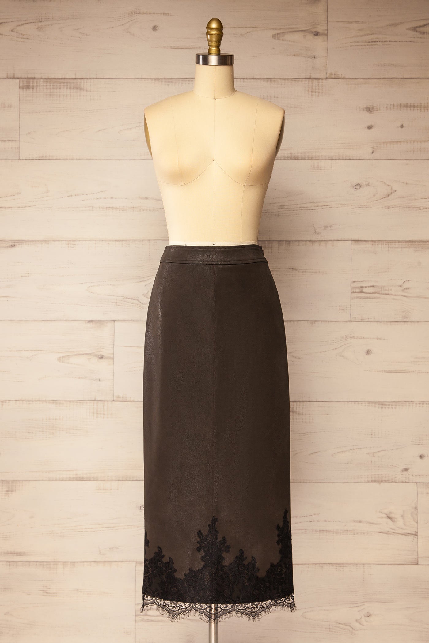 front view of Managua Brown Faux Leather Midi Skirt with Lace at La petite garçonne