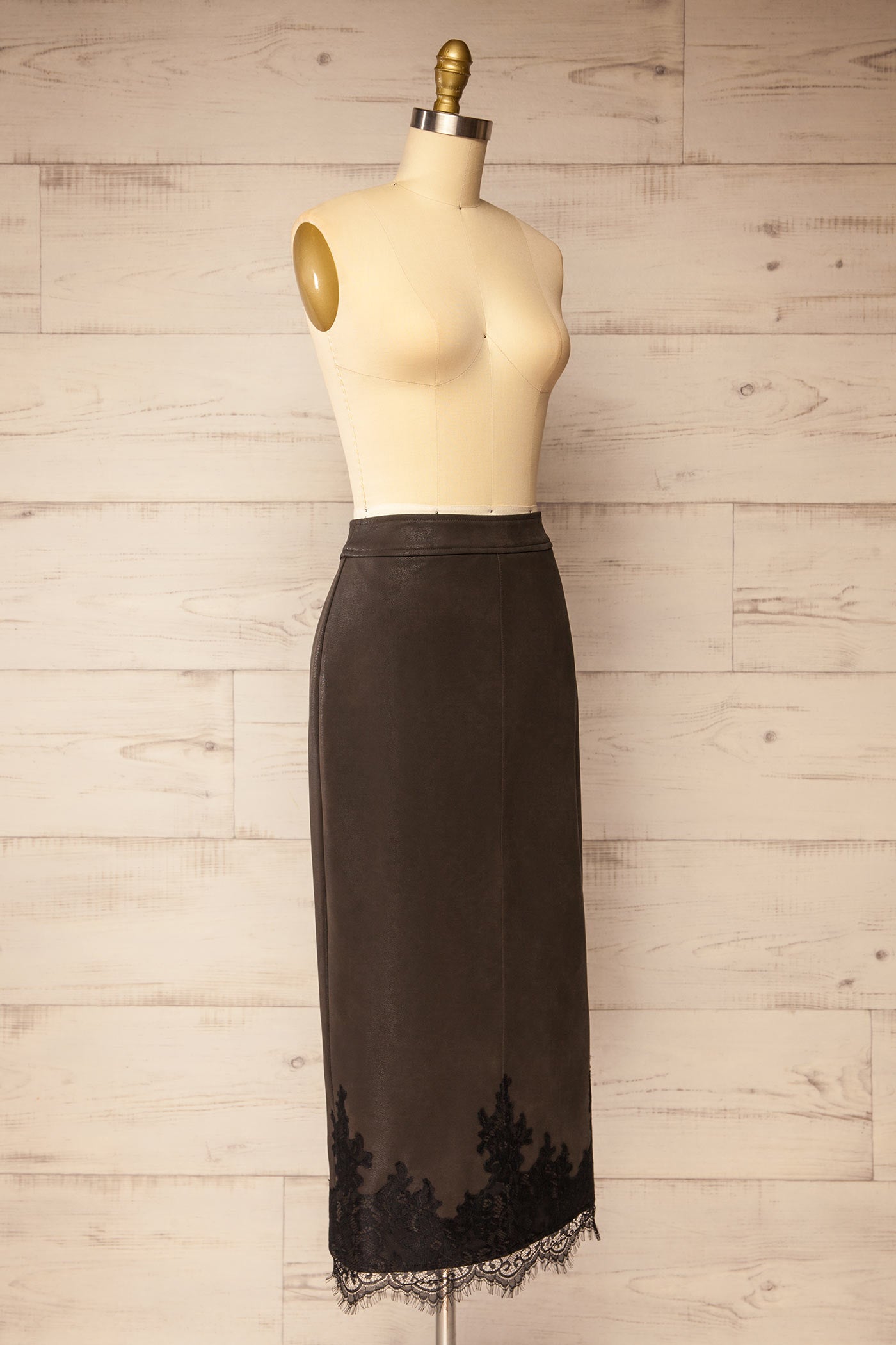side view of Managua Brown Faux Leather Midi Skirt with Lace at La petite garçonne