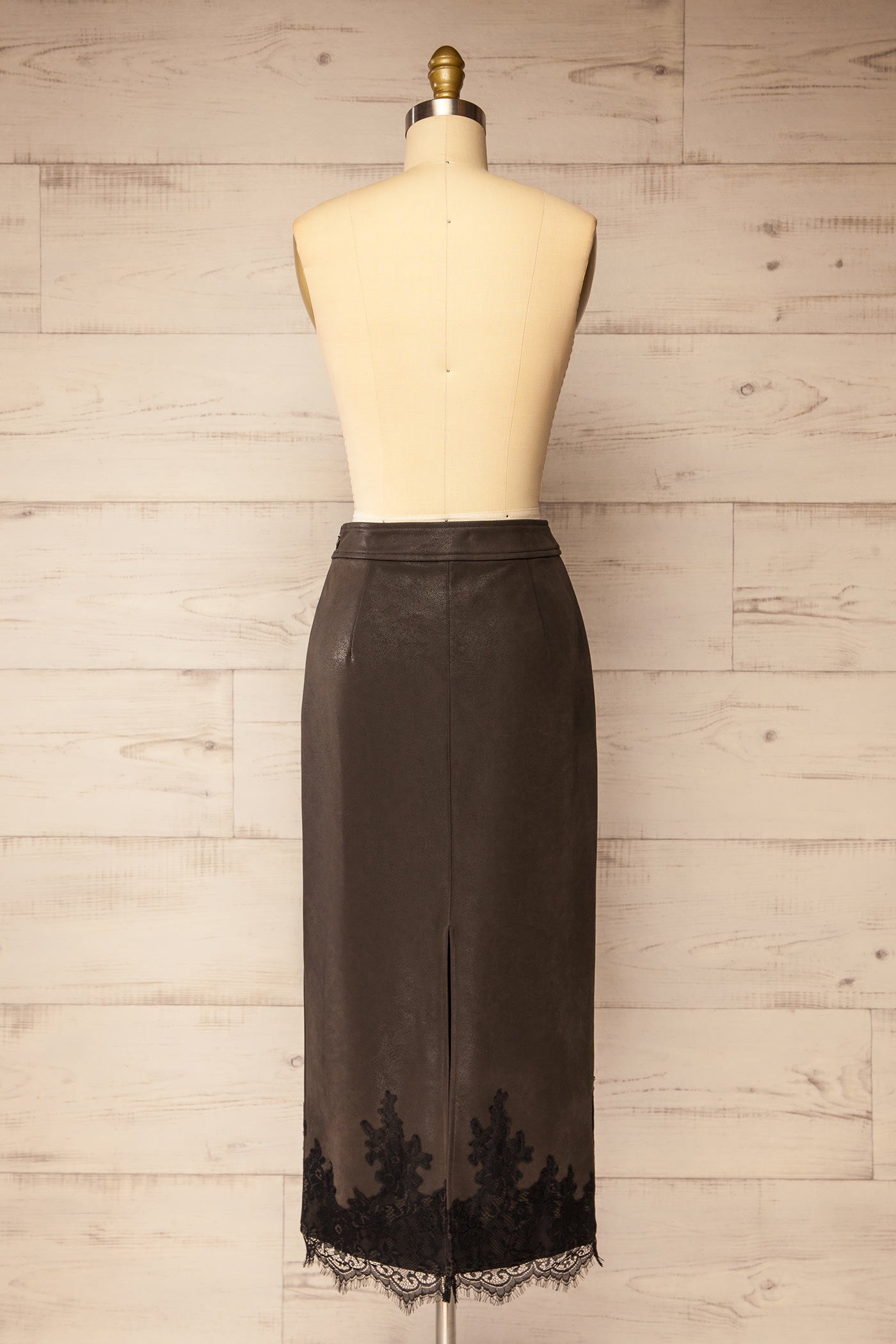 back view of Managua Brown Faux Leather Midi Skirt with Lace at La petite garçonne