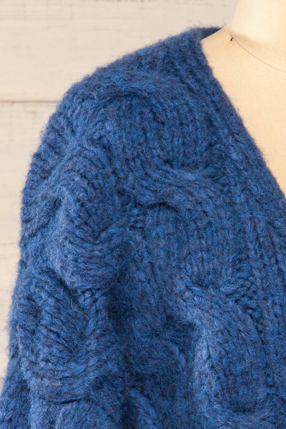 Manchester Blue Button-Up Thick Knit Cardigan | La petite garçonne side close-up