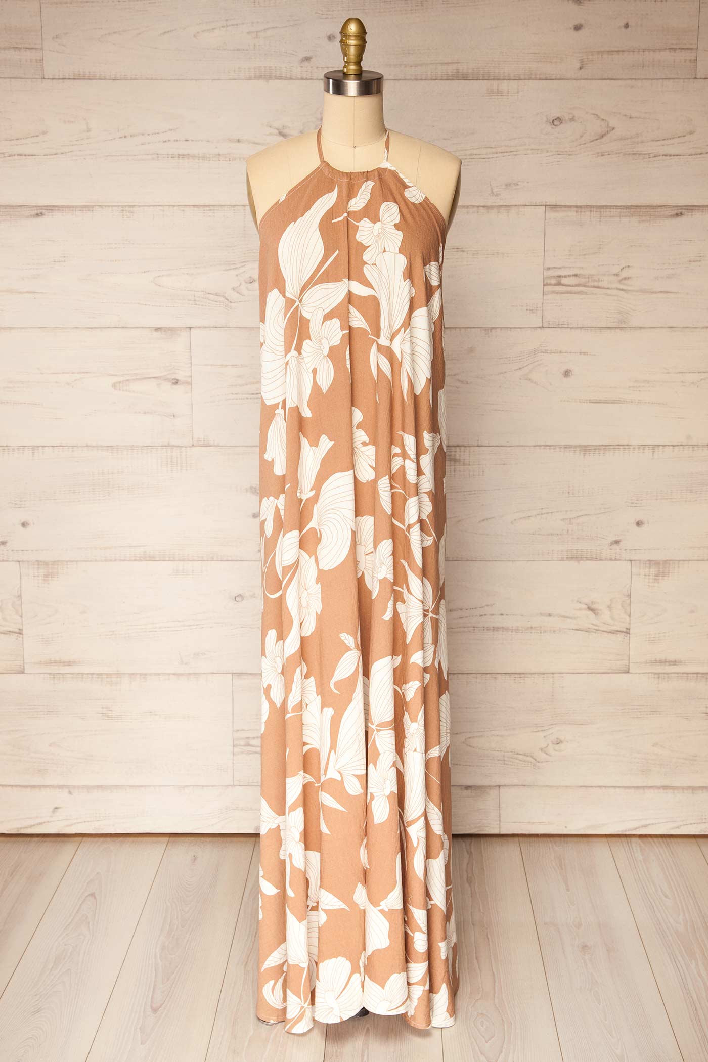 Mandla Beige Halter Open Back Maxi Dress with White Floral Print | La petite garçonne front