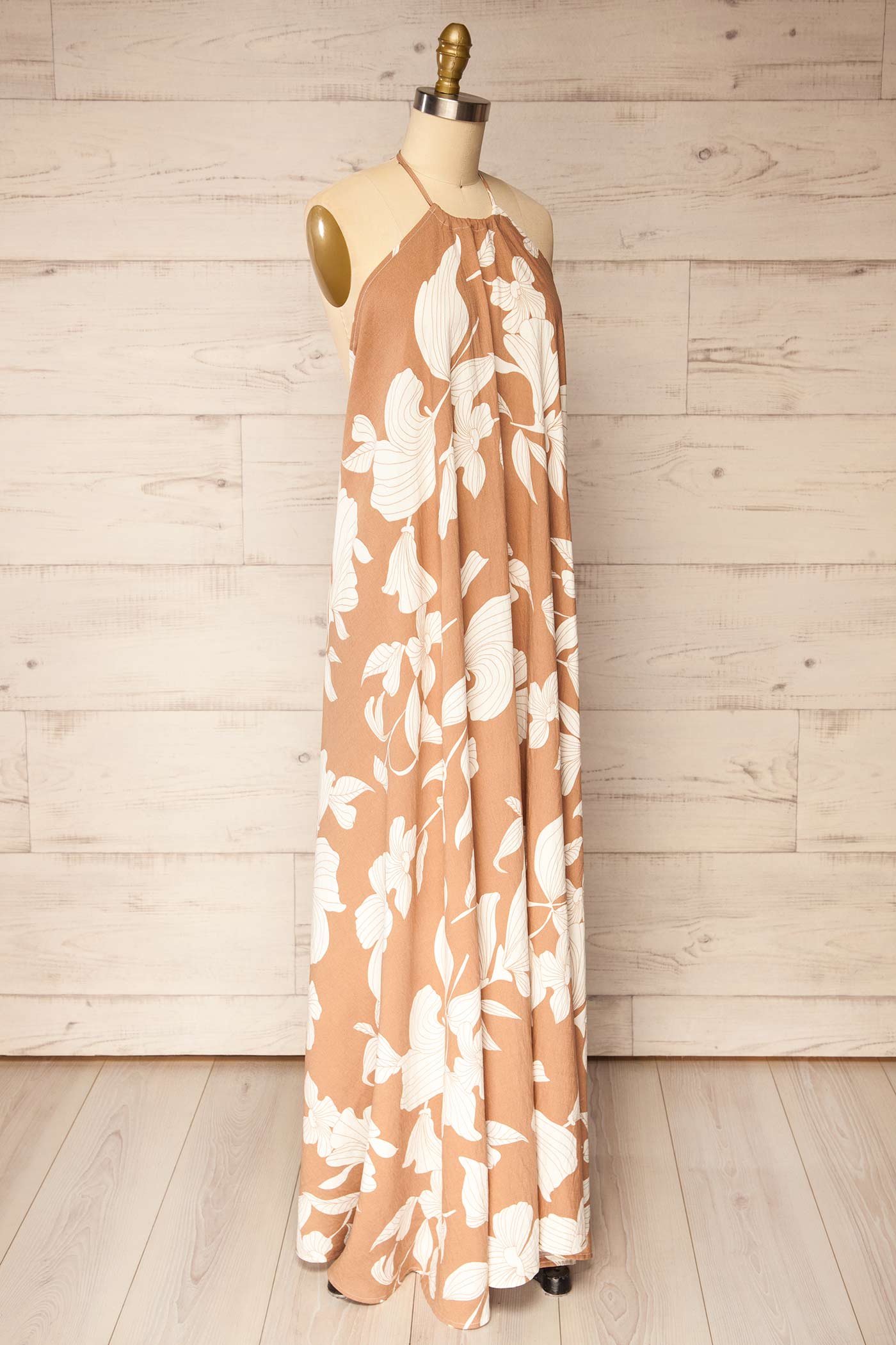 Mandla Beige Halter Open Back Maxi Dress with White Floral Print | La petite garçonne side