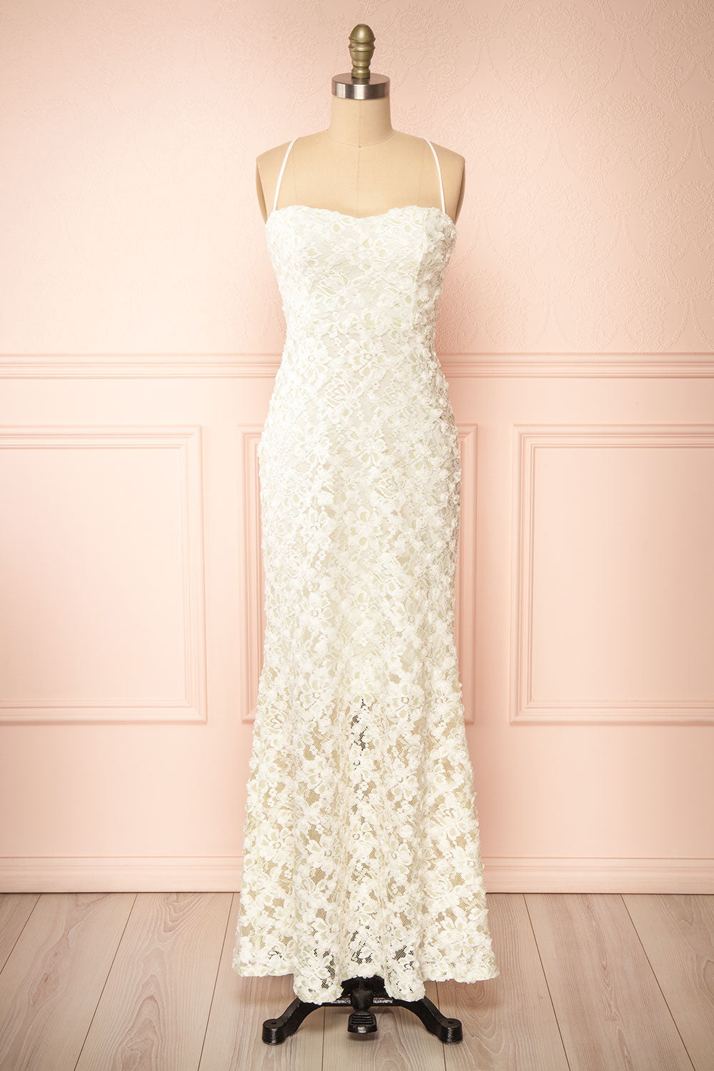 Marania White & Green Long Floral Lace Dress | Boudoir 1861 front view