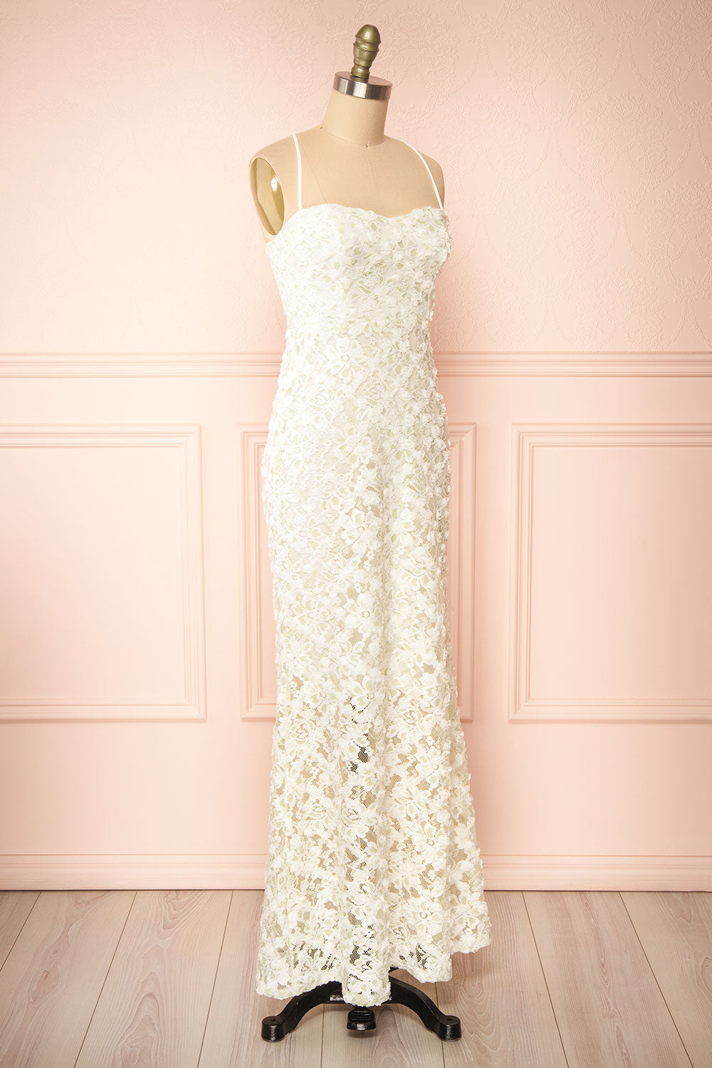 Marania White & Green Long Floral Lace Dress | Boudoir 1861 side vie
