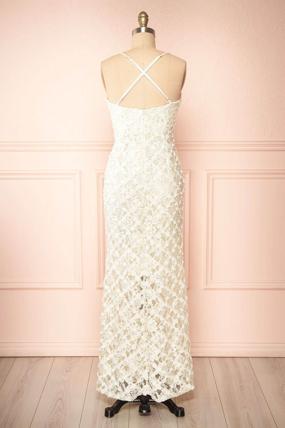 Marania White & Green Long Floral Lace Dress | Boudoir 1861 back view