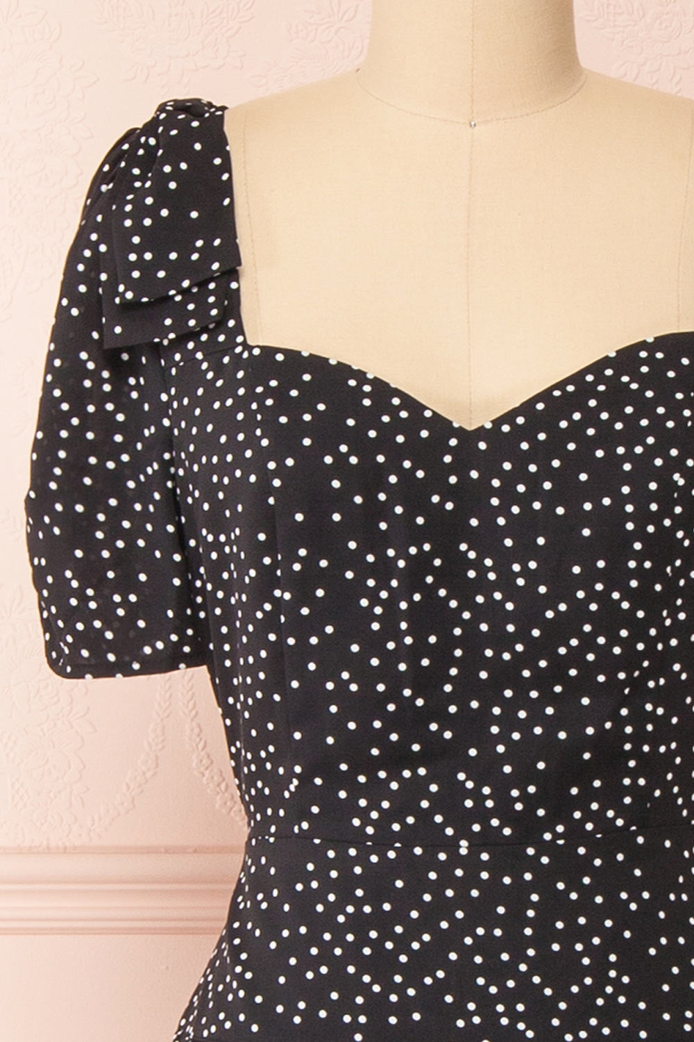 Marceline Black Polka Dot Midi Dress | Boutique 1861 front close-up