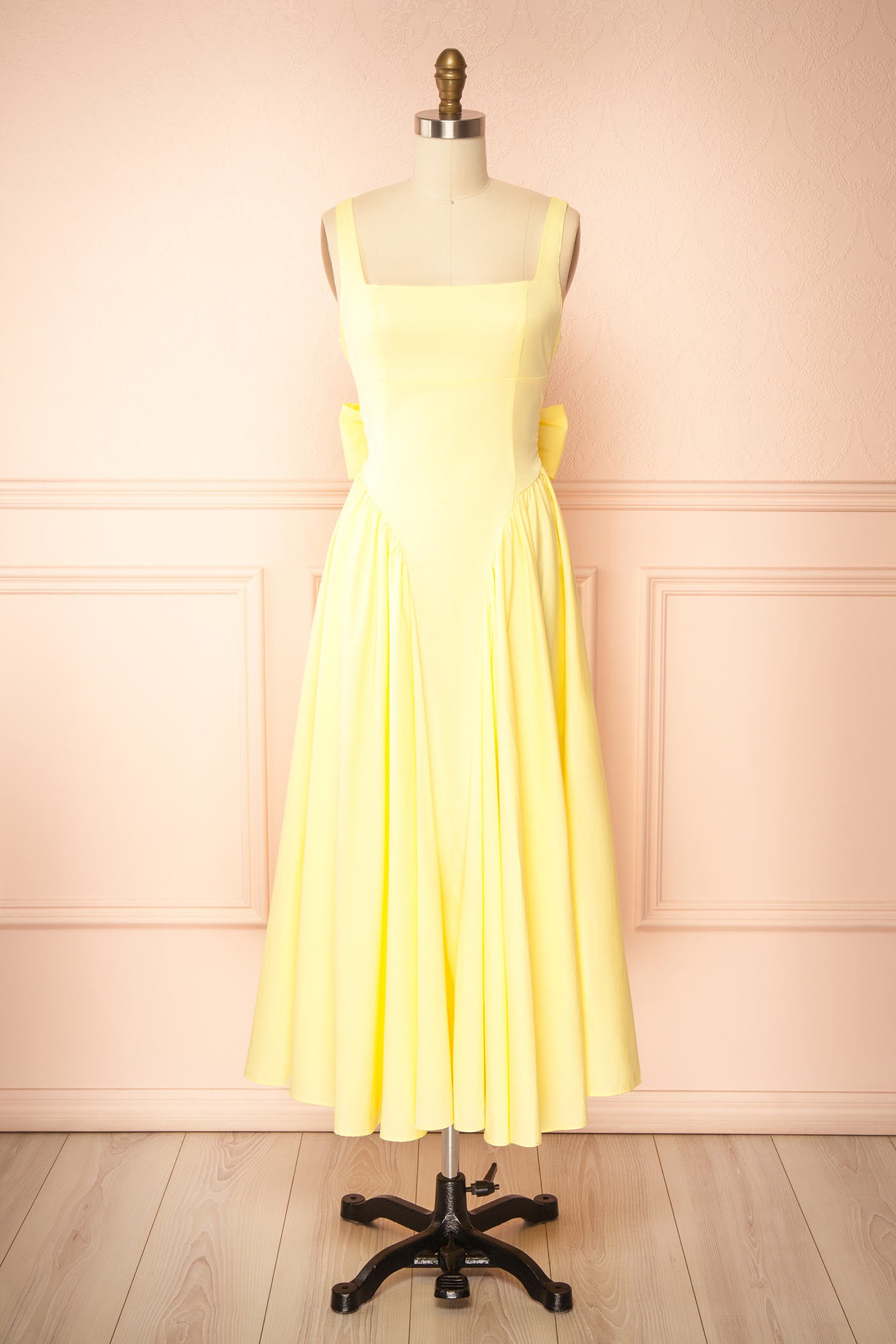 Mariah Yellow A-Line Midi Dress with Ribbons at Back