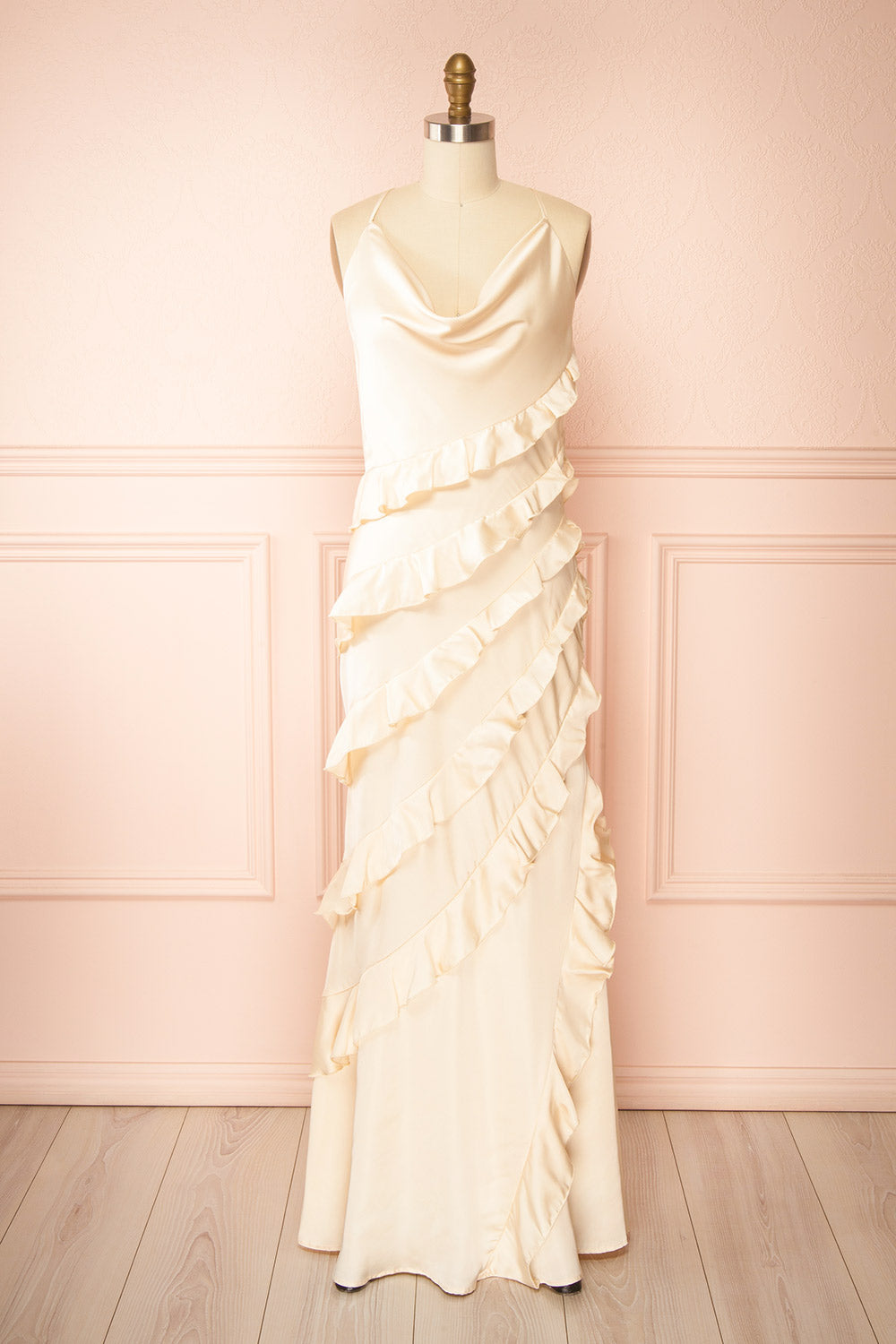 Marieme Beige Satin Dress with Ruffles | Boutique 1861 front view