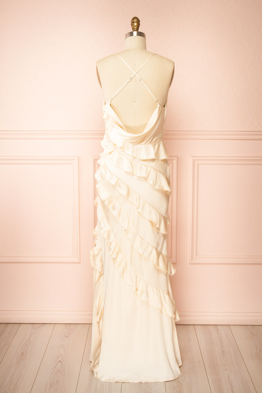 Marieme Beige Satin Dress with Ruffles | Boutique 1861 back view