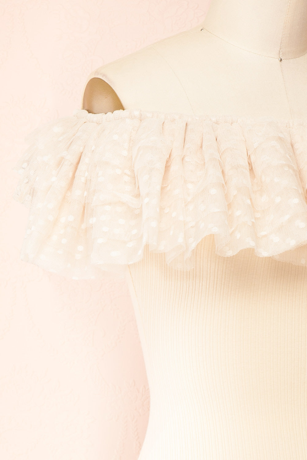 Marinel Beige Ribbed Bodysuit w/ Dotted Tulle | Boutique 1861 side close-up