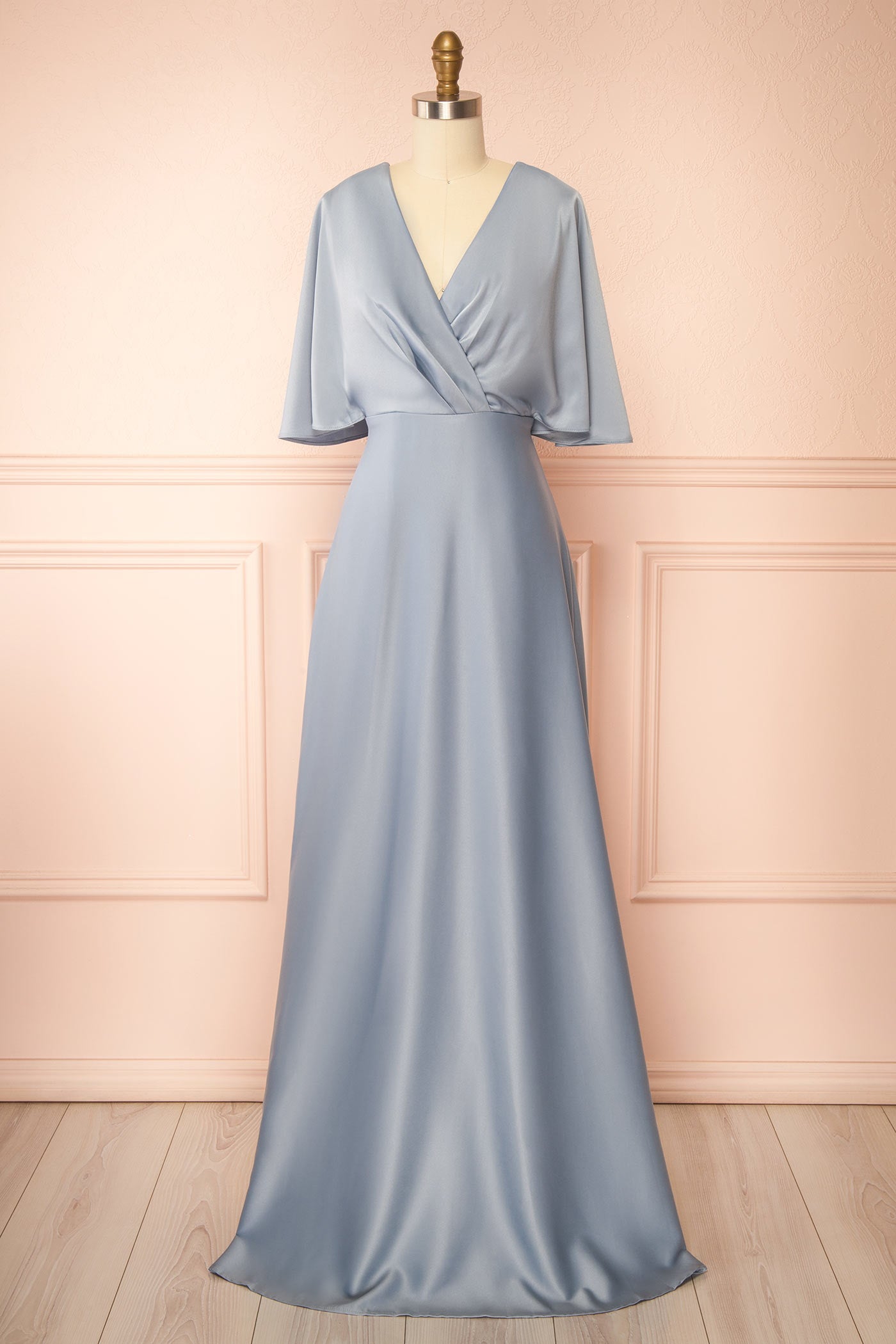 Frontview of Marinella Blue Satin Maxi Dress with Bell Sleeves at boutique 1861