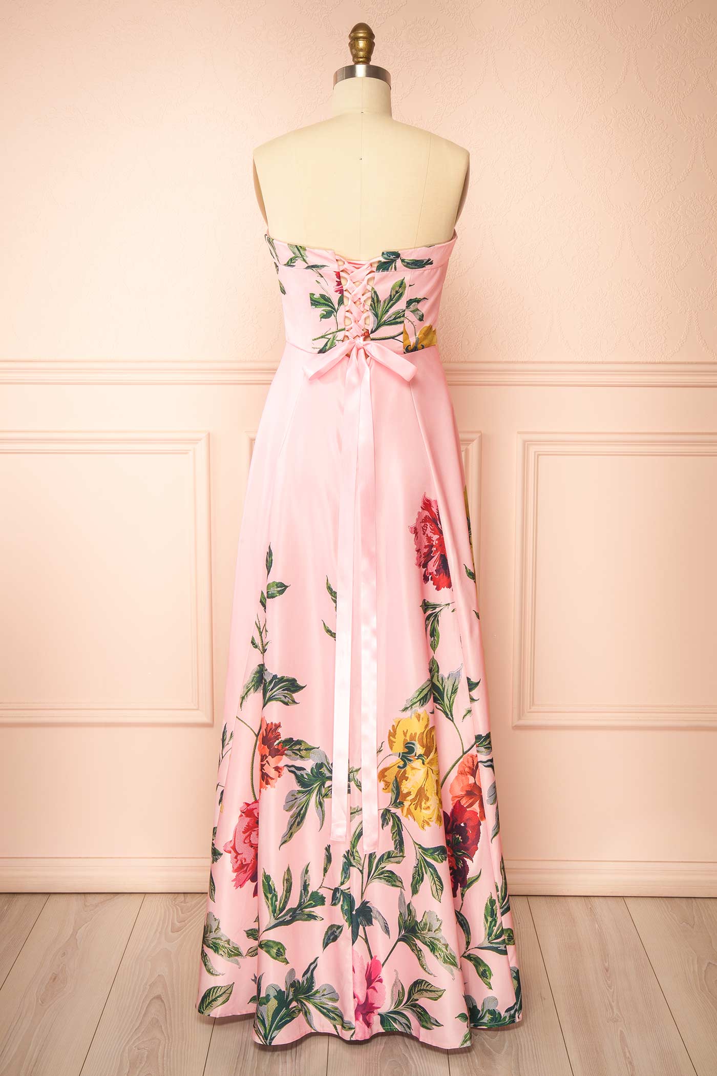Marlee | Pink Strapless Floral Print Dress with Lace-Up Back
