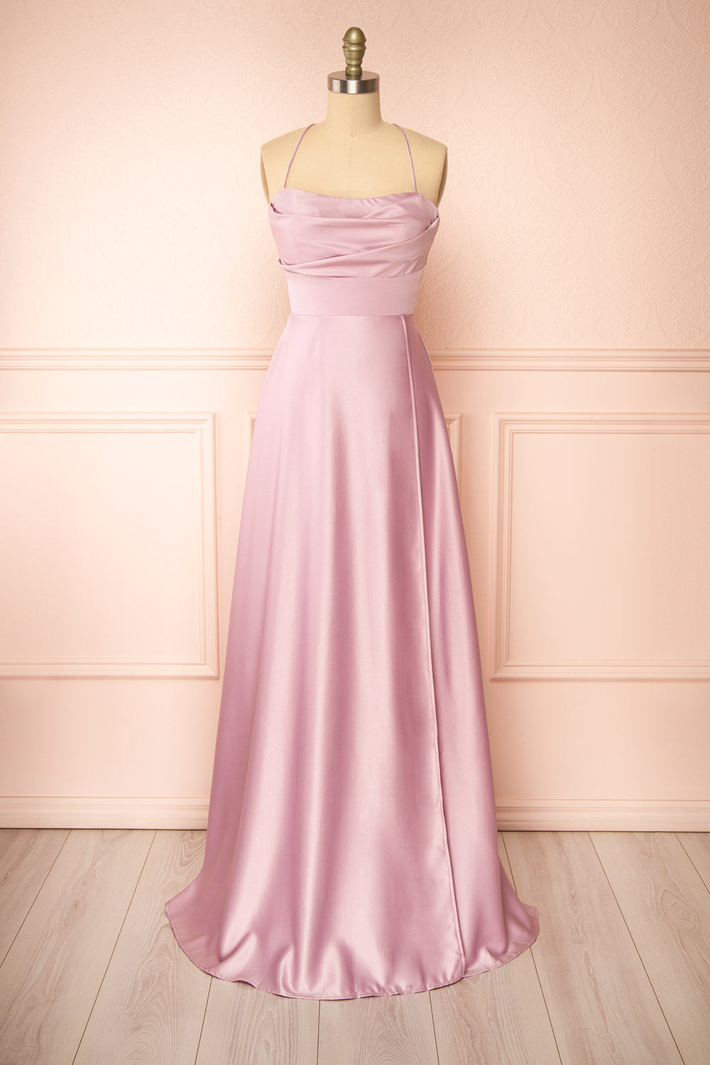 Marlys Mauve Cowl Neck Satin Maxi Dress w/ High Slit | Boutique 1861 front view