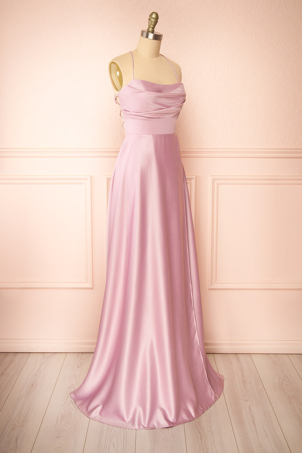 Marlys Mauve Cowl Neck Satin Maxi Dress w/ High Slit | Boutique 1861 side view
