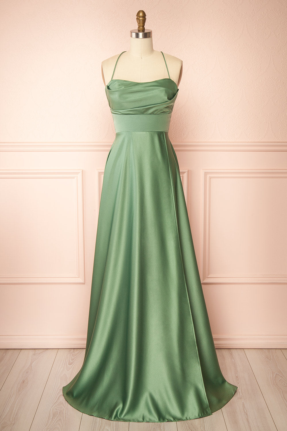 Marlys Sage Cowl Neck Satin Maxi Dress with High Slit