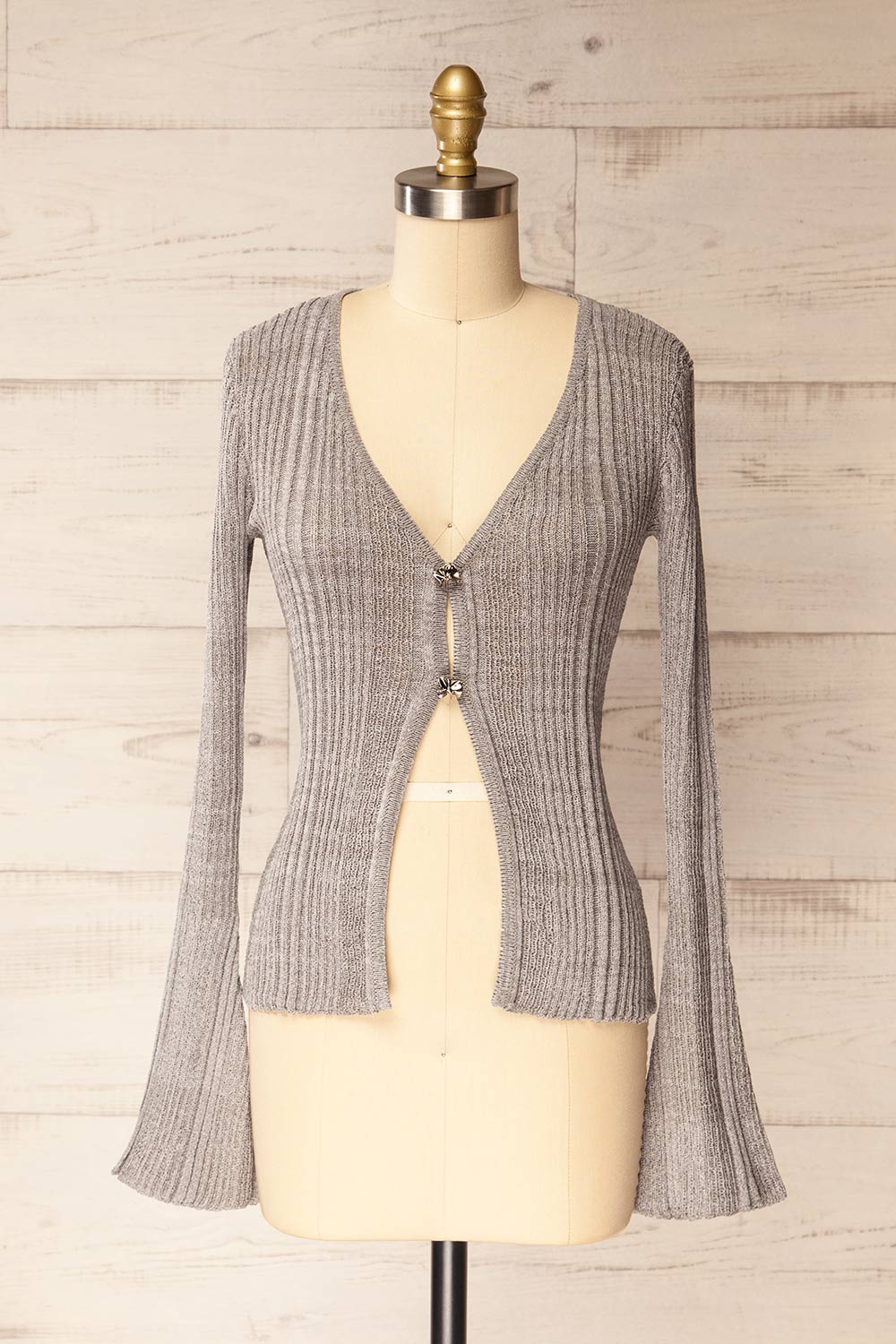 front view of sewing mannequin wearing Marrit Ribbed Grey Top with Plunging Neckline from La petite garçonne