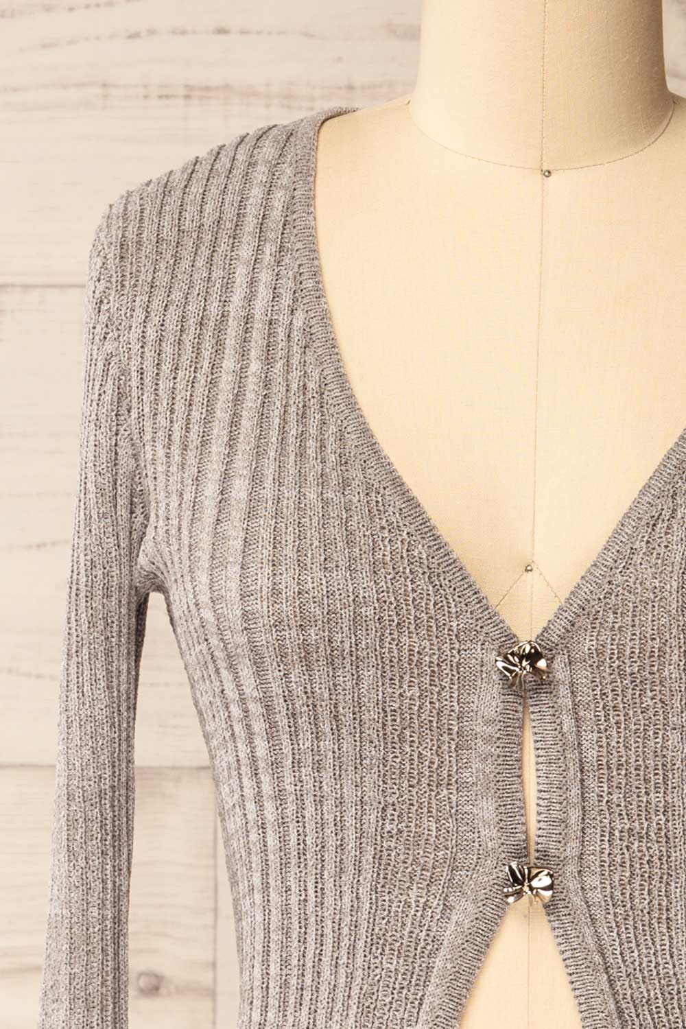 front of sewing mannequin wearing Marrit Ribbed Grey Top with Plunging Neckline from La petite garçonne