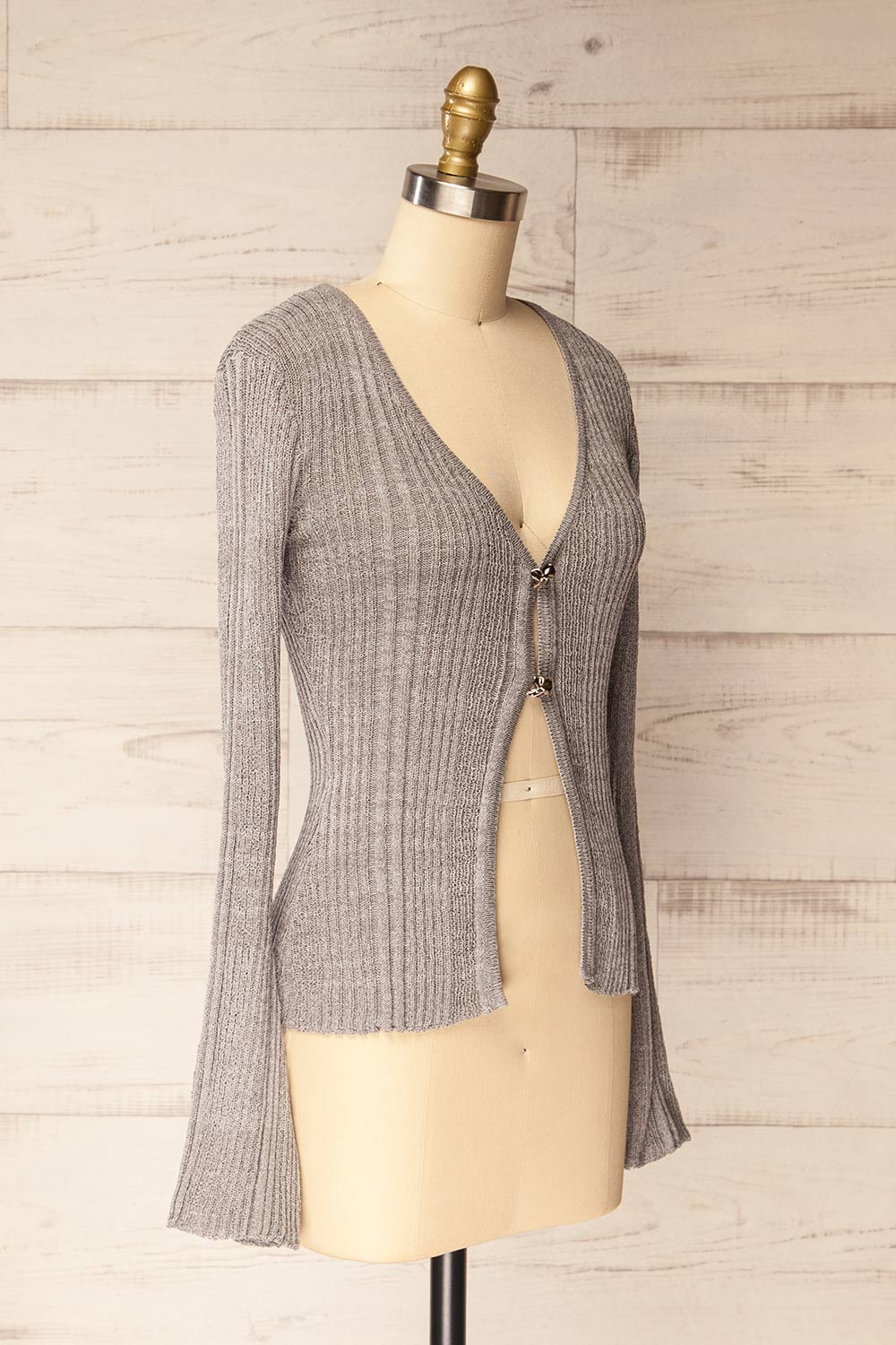 side view of sewing mannequin wearing Marrit Ribbed Grey Top with Plunging Neckline from La petite garçonne