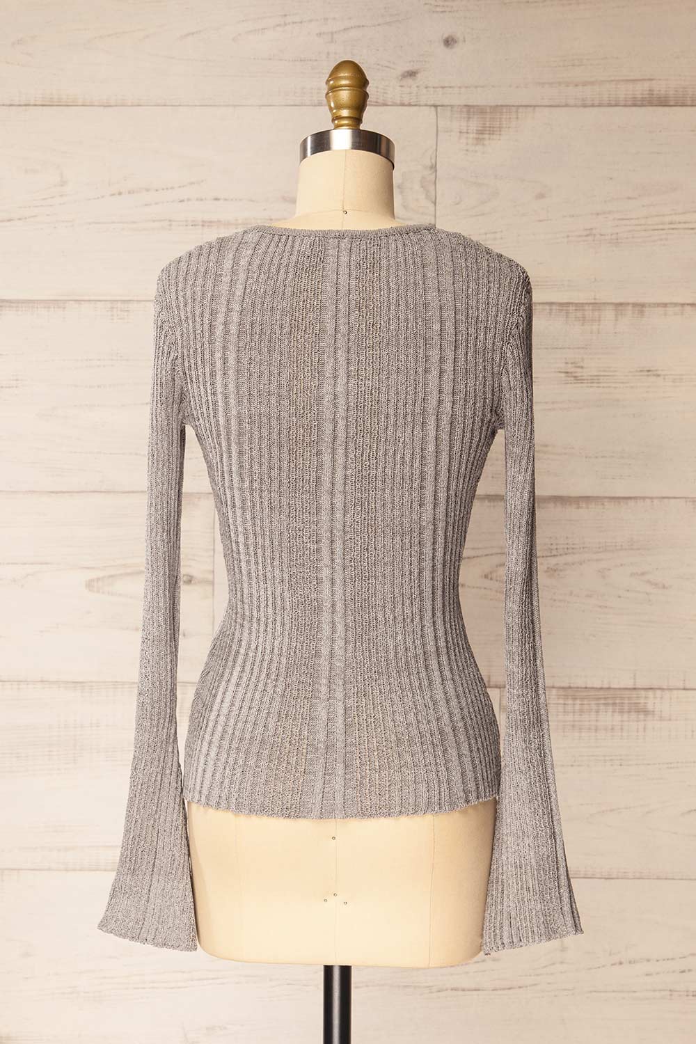 back view of sewing mannequin wearing Marrit Ribbed Grey Top with Plunging Neckline from La petite garçonne