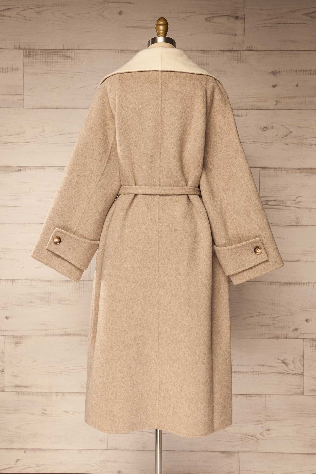 back view of Marsoui Beige Wrap Coat with Wide Collar and Tie Belt at La petite garçonne