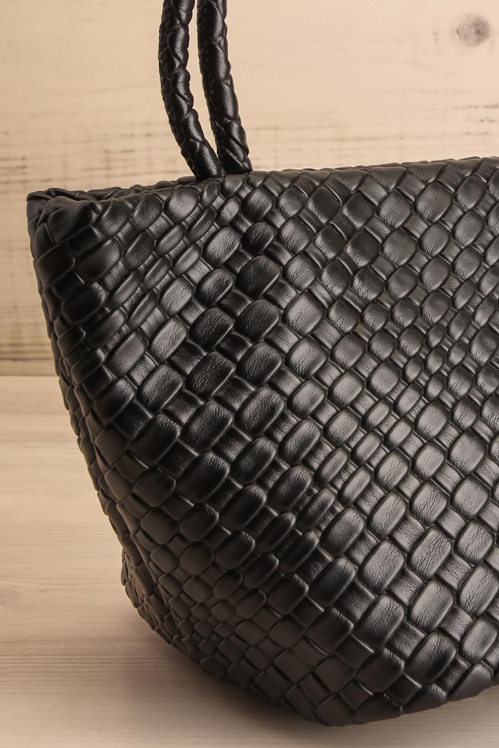Marsy Black Woven Embossed Handbag | La petite garçonne side close-up